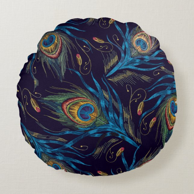 Cojín Redondo Patrón sin problemas de plumas de pavo real (Anverso)