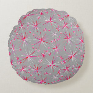 Cojín Redondo Patrón sputnik de mediados de siglo, gris y fucsia