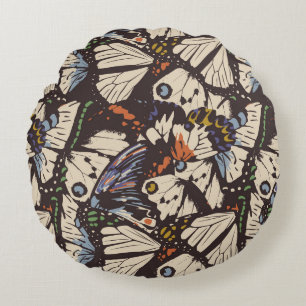 Cojín Redondo Patrón superficial de mariposas vintage. Colorido,