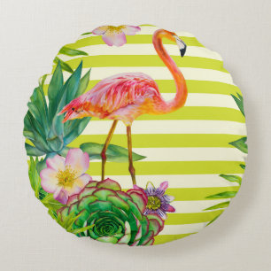 Cojín Redondo patrón transparente con flamingo rosa y tr exótic