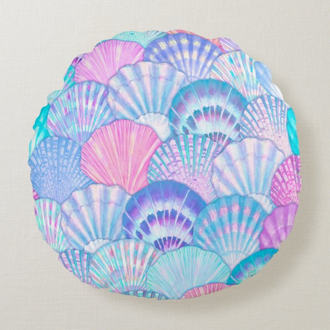 Cojín Redondo Patrón transparente de la concha acuática. Dibujo  (Anverso)