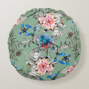 Cojín Redondo Patrón transparente dibujado a mano de acuarela co