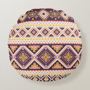 Cojín Redondo Patrón tribal azteca rayado, geométrico.