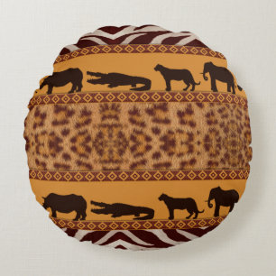 Cojín Redondo Patrón Tribal Moderno Africano de Jaguar con Estam
