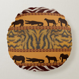 Cojín Redondo Patrón Tribal Moderno de Tigre Africano Estampado