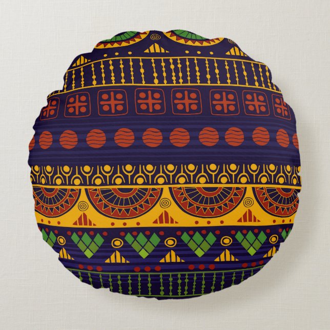 Cojín Redondo Patrón tribal, versátil para diversos usos. (Anverso)