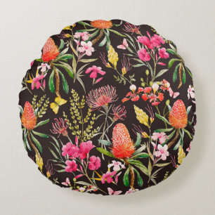 Cojín Redondo Patrón tropical acuarela, flores, bansias o