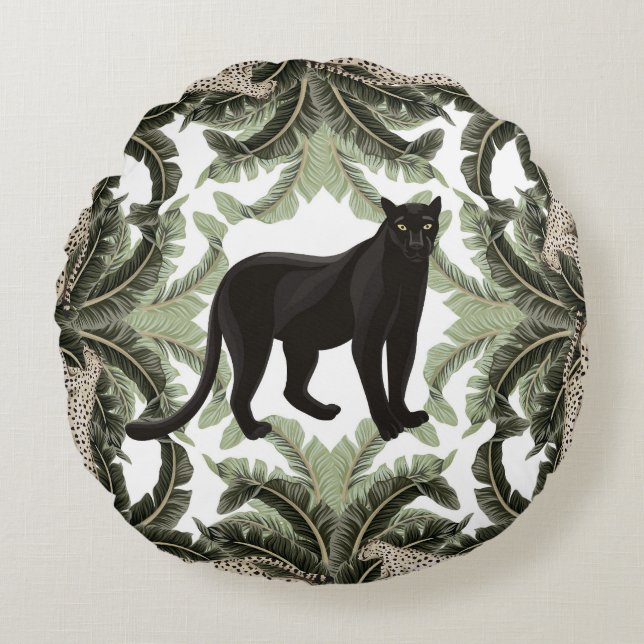 Cojín Redondo Patrón tropical de guepardo de árbol bananero (Anverso)