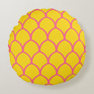 Cojín Redondo Patrón Tropical de Piña en Rosa y Amarillo