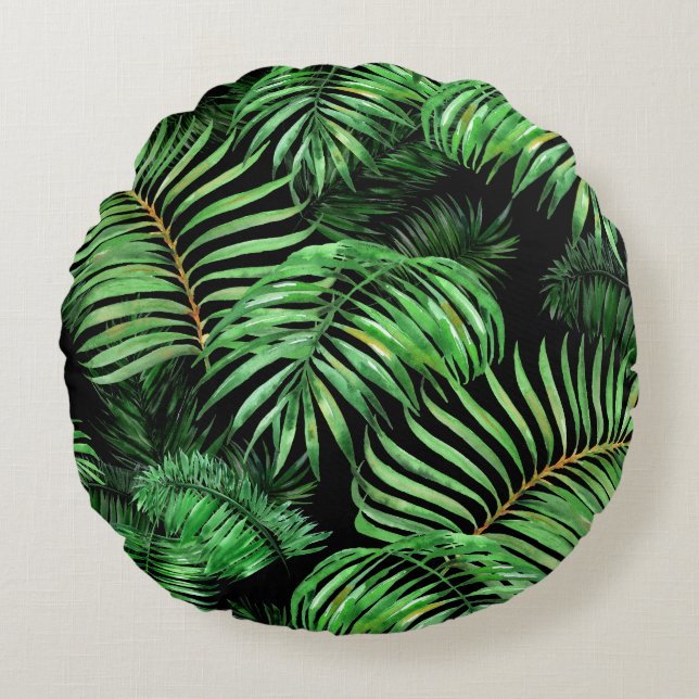 Cojín Redondo Patrón tropical exótico de palmeras acuáticas. (Anverso)