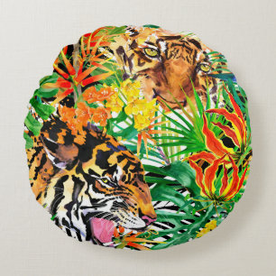 Cojín Redondo patrón tropical sin costuras con tigre. acuarela j
