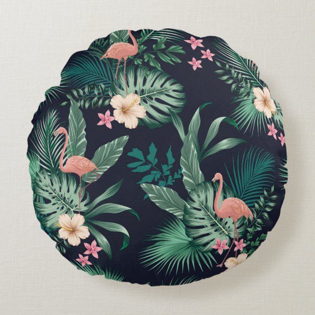 Cojín Redondo  patrón tropical sin fisuras con follaje exuberant (Anverso)