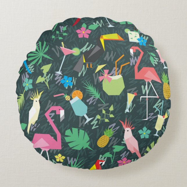 Cojín Redondo Patrón tropical sin foco con aves y bebidas 1 (Anverso)