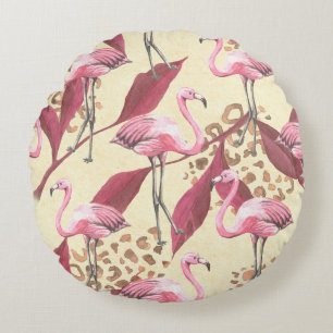 Cojín Redondo Patrón tropical sin foco con flamingo rosa, izquie