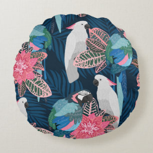Cojín Redondo Patrón tropical sin foco con loros. Ail vintage