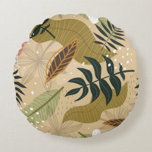 Cojín Redondo Patrón tropical sin foco con plantas, hojas, dec