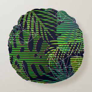 Cojín Redondo Patrón tropical sin foco con plantas tropicales. H