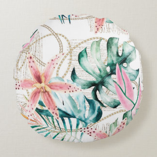 Cojín Redondo Patrón tropical sin soldadura con hojas de orquíde