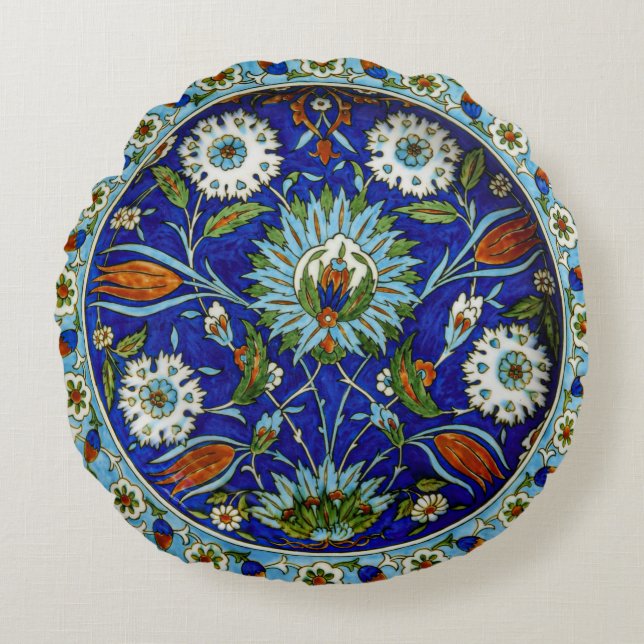 Cojín Redondo Patrón turco Floral Tulip Motif Iznik (Anverso)