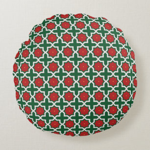 Cojín Redondo Patrón verde rojo y blanco de Navidad