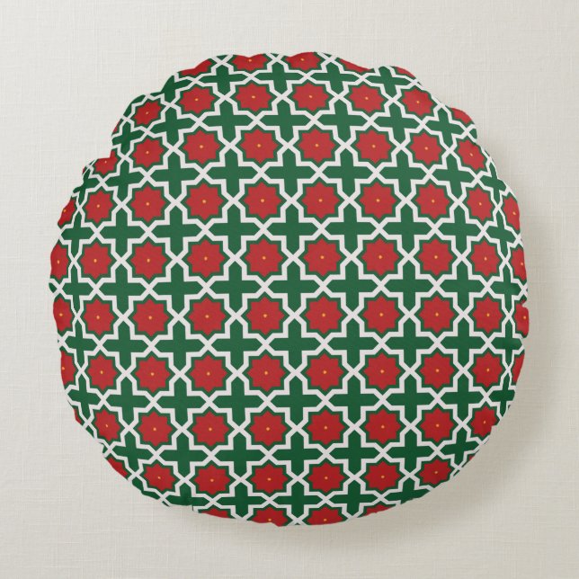 Cojín Redondo Patrón verde rojo y blanco de Navidad (Anverso)