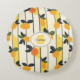 Cojín Redondo Patrón vibrante de cítricos con hojas verdes (2)