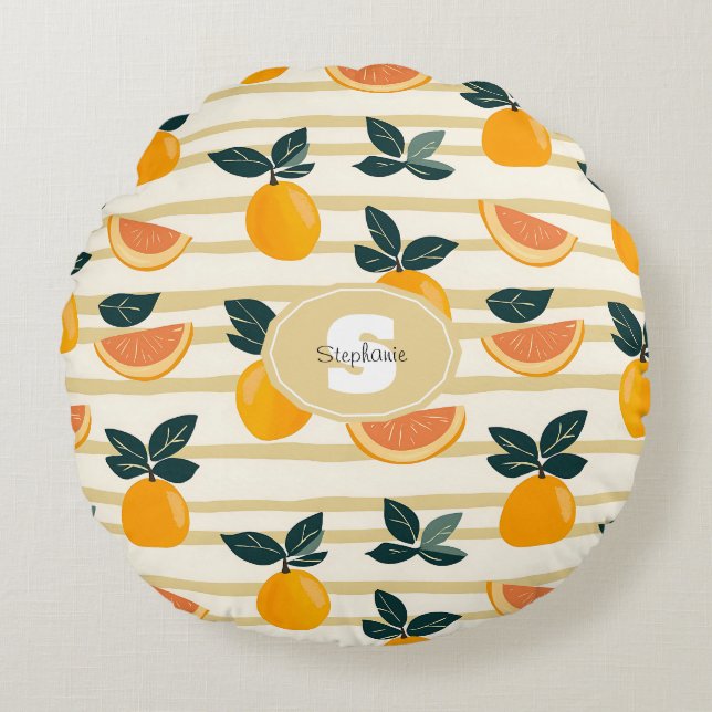 Cojín Redondo Patrón vibrante de cítricos con hojas verdes (4) (Anverso)