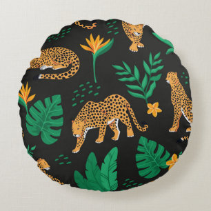 Cojín Redondo Patrón vintage con leopardos y hojas tropicales