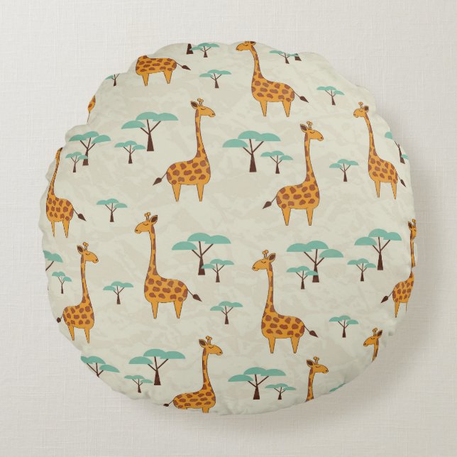 Cojín Redondo Patrón vintage de árbol de jirafa. (Anverso)