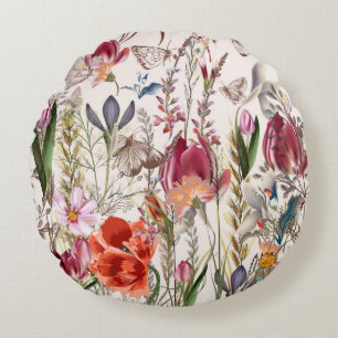 Cojín Redondo Patrón vintage de flores con diversas plantas. Vi