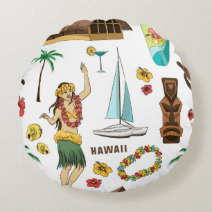 Cojín Redondo  Patrón vintage de iconos y símbolos hawaianos