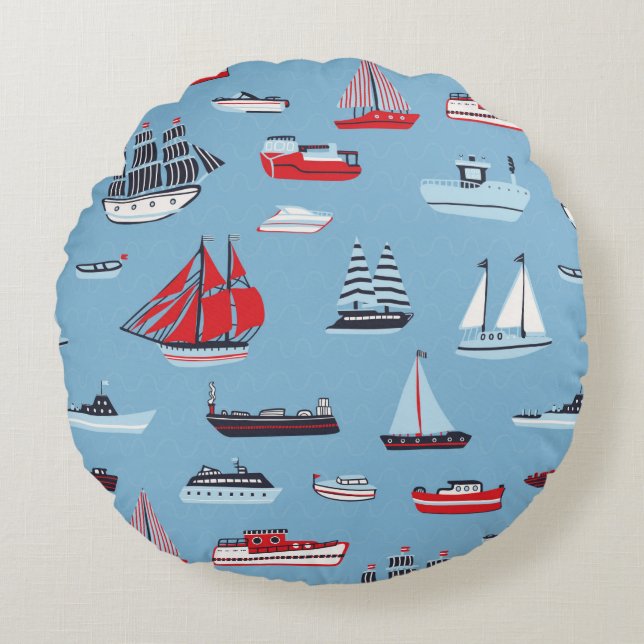 Cojín Redondo patrón vintage de viaje en barco (Anverso)