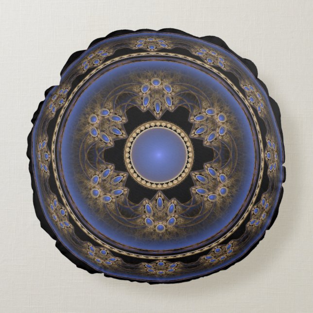 Cojín Redondo Patrón visual fractal azul (Anverso)