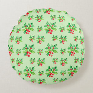 Cojín Redondo Patrón Xmas de color de agua verde simple Holly Be