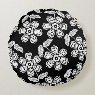 Cojín Redondo Patrona de flores de doodle en blanco y negro, abs
