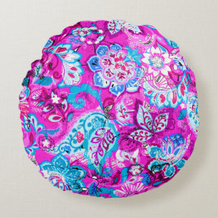 Cojín Redondo Patrones de flores rosadas azules
