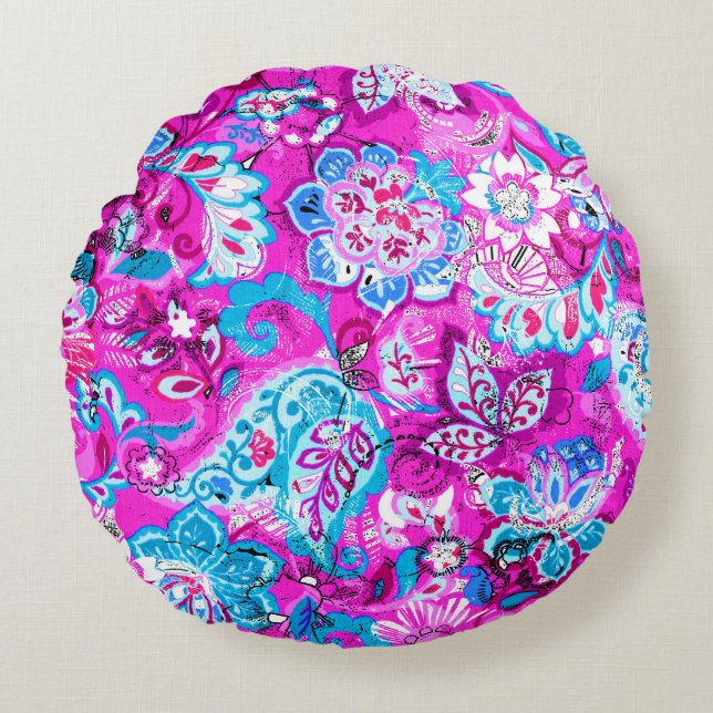 Cojín Redondo Patrones de flores rosadas azules (Anverso)