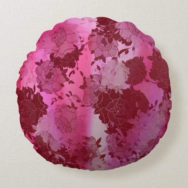 Cojín Redondo Patrones rojos florales japoneses. (Anverso)