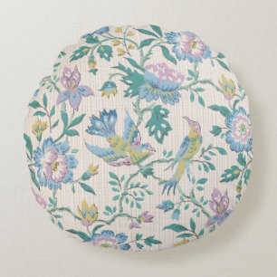 Cojín Redondo Patrones vintage para flores y aves púrpuras
