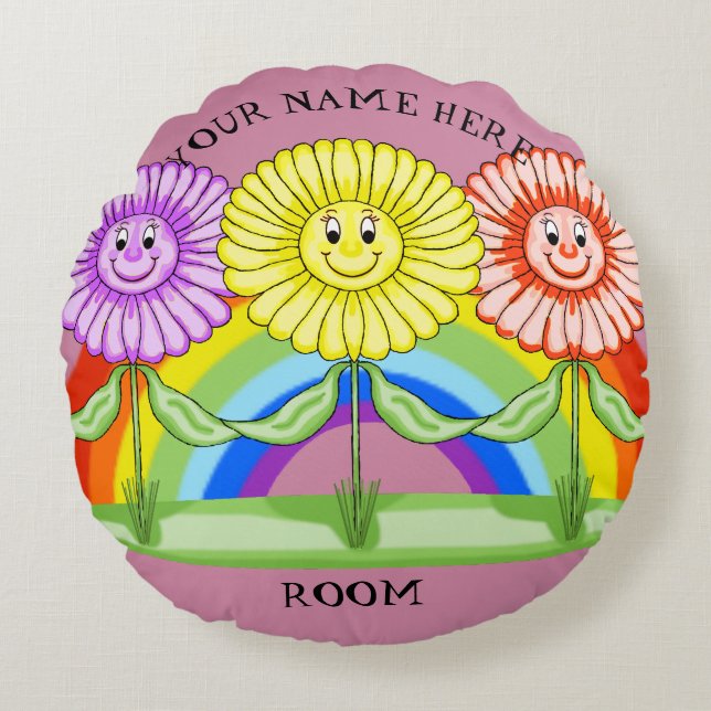 Cojín Redondo Pavimento de flores felices (Personalizable) (Anverso)