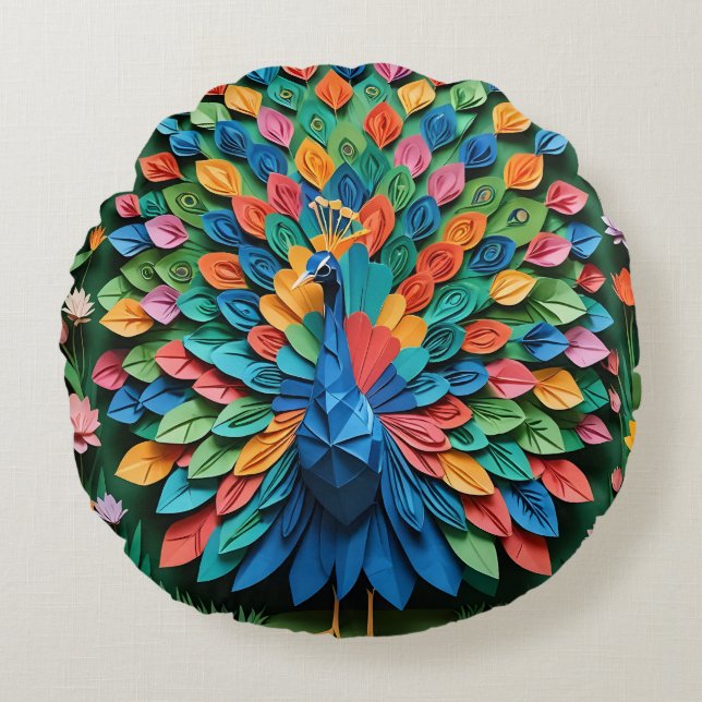 Cojín Redondo Pavo Real de Origami (Anverso)