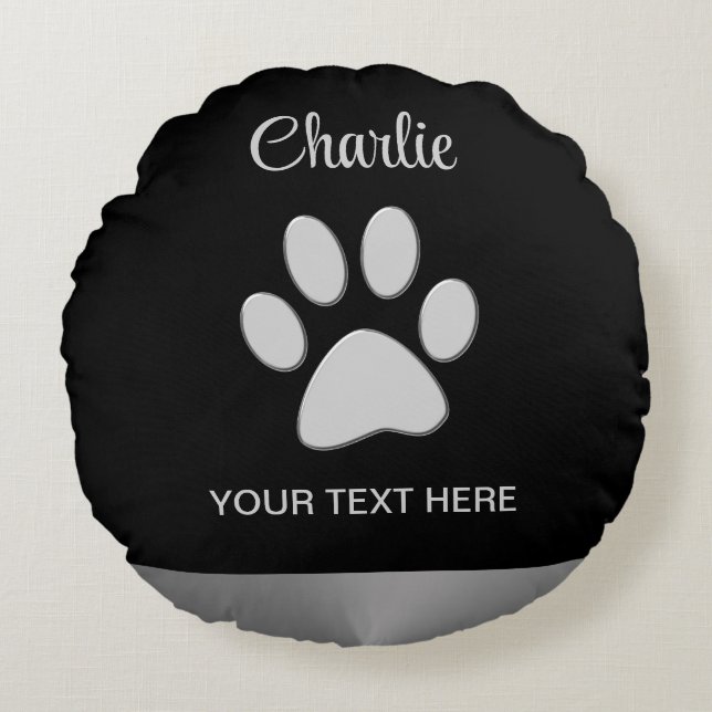 Cojín Redondo Paw de perro plateado sobre fondo negro (Anverso)