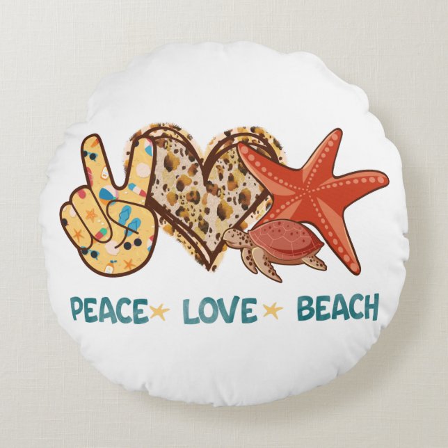 Cojín Redondo Paz, amor, playa | Paz manual, corazón, tortuga (Anverso)