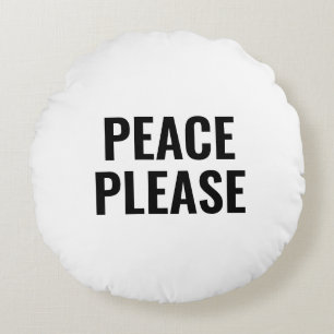 Cojín Redondo Paz por favor tipografía minimalista blanca y negr