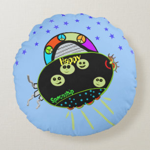 Cojín Redondo Peace Happy Faces Spaceship Stars Kids