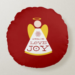 Cojín Redondo Peace Love Joy Angel Holiday Red And Gold