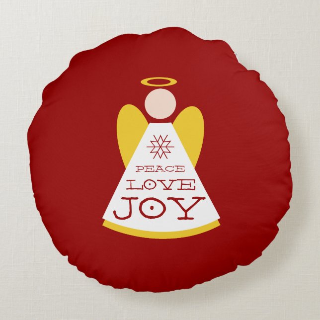Cojín Redondo Peace Love Joy Angel Holiday Red And Gold (Reverso)