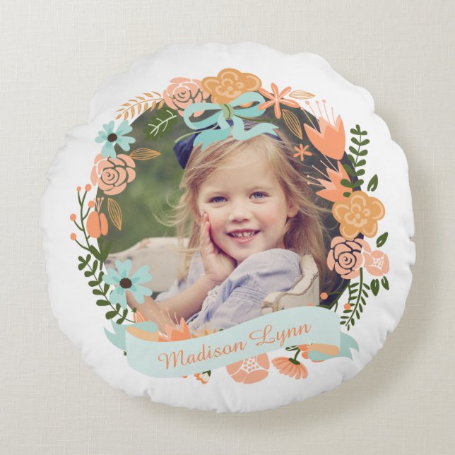 Cojín Redondo Peach Mint Girly Floral Wreath Photo Personalizado (Anverso)