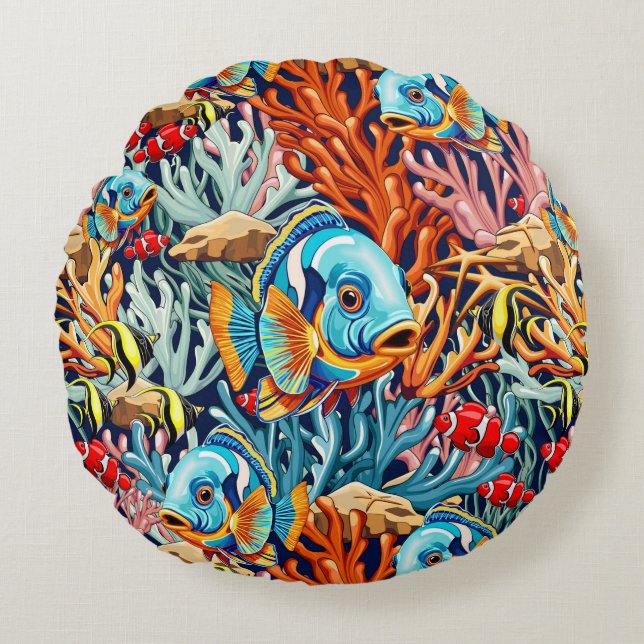 Cojín Redondo Peces Tropicales Colores Verano Vibraciones (Anverso)