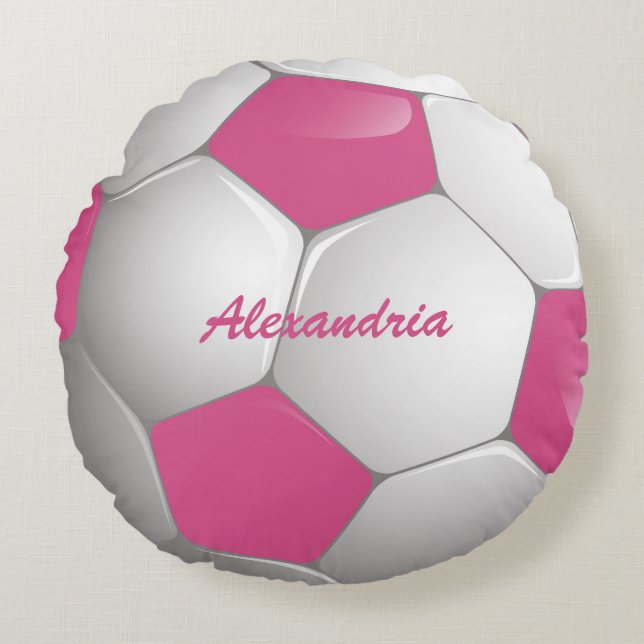Cojín Redondo Pelota de fútbol de personalizable rosa y blanca (Anverso)